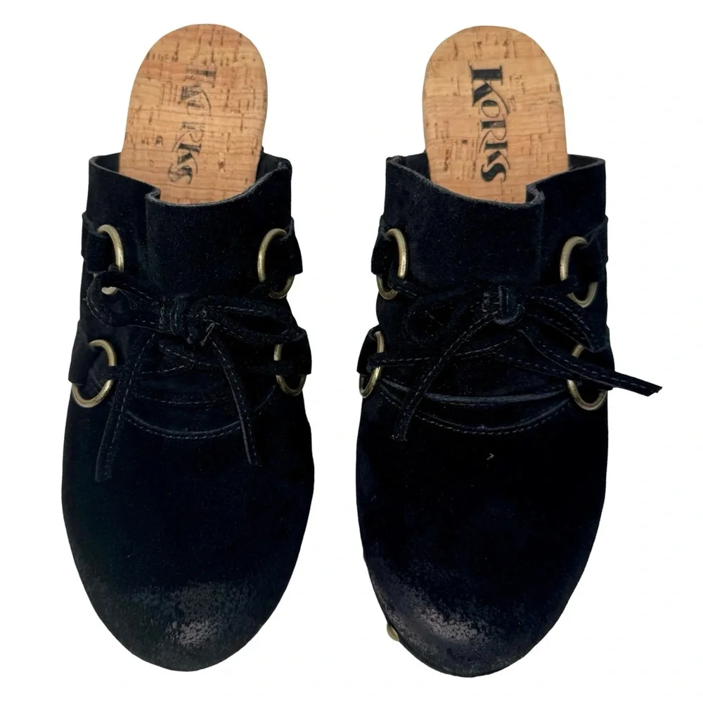 KORKS Woodley Black Suede Studded Clogs Mules with Wooden Heel Size 8M - Picture 13 of 13